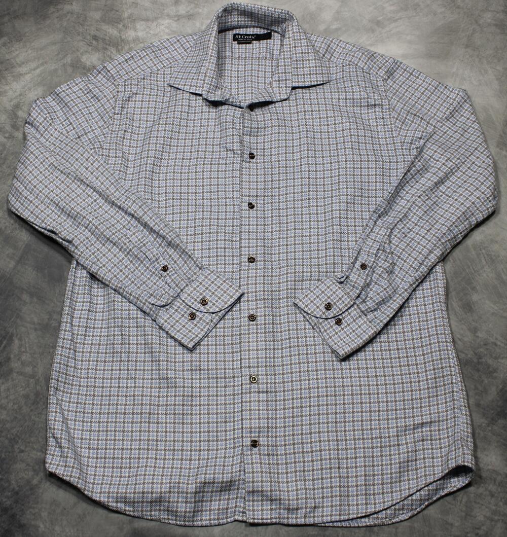 St Croix Dress Shirt Mens XL 17.5 Blue Houndstooth Style Made Italy Long Sleeve